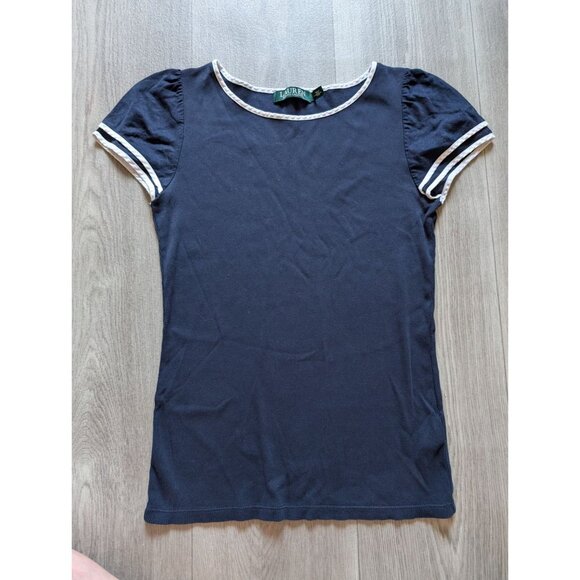 Lauren Ralph Lauren Navy Puff Sleeve Ribbed Knit Top Size M - Picture 3 of 6